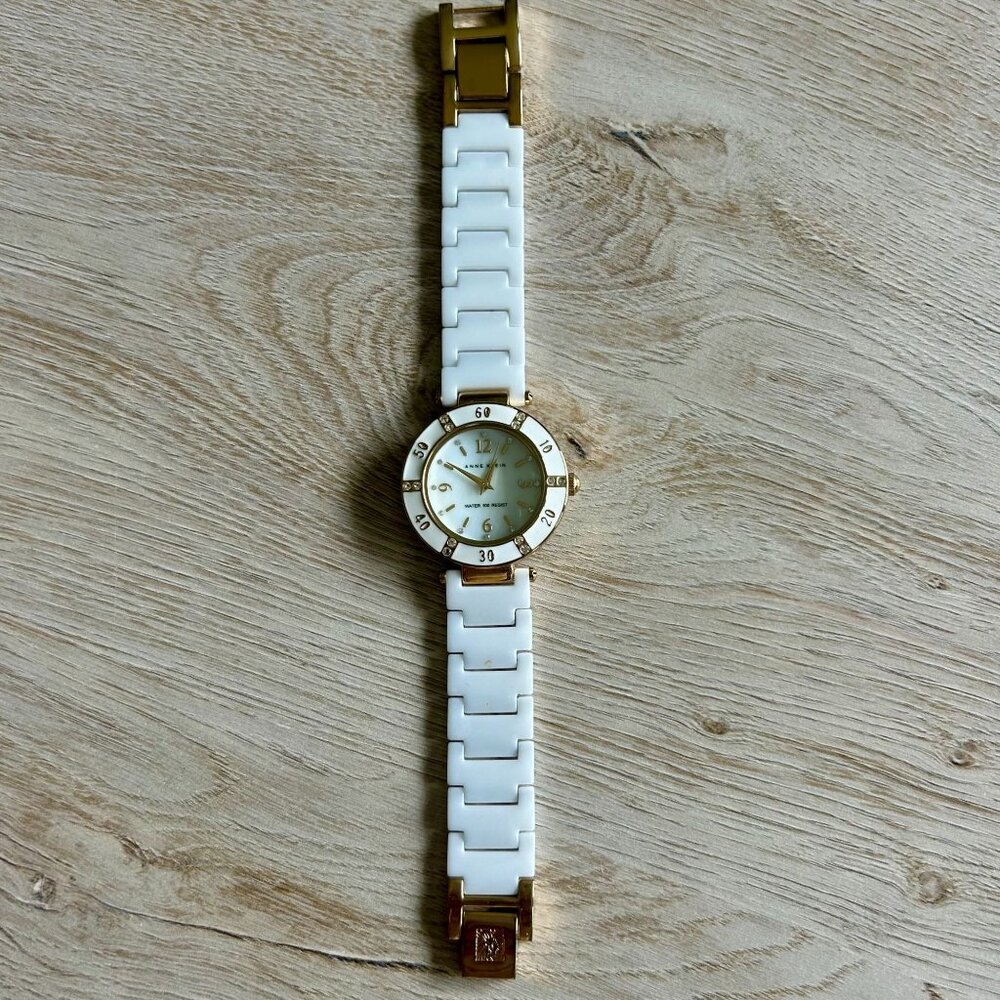 Anne Klein White Ceramic Gold Tone Watch AK Bracelet Style